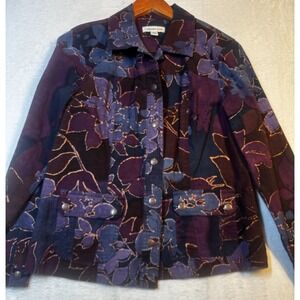 Coldwater Creek Purple Floral Denim Stretch Jacket Women's Size 12 Work Blazer